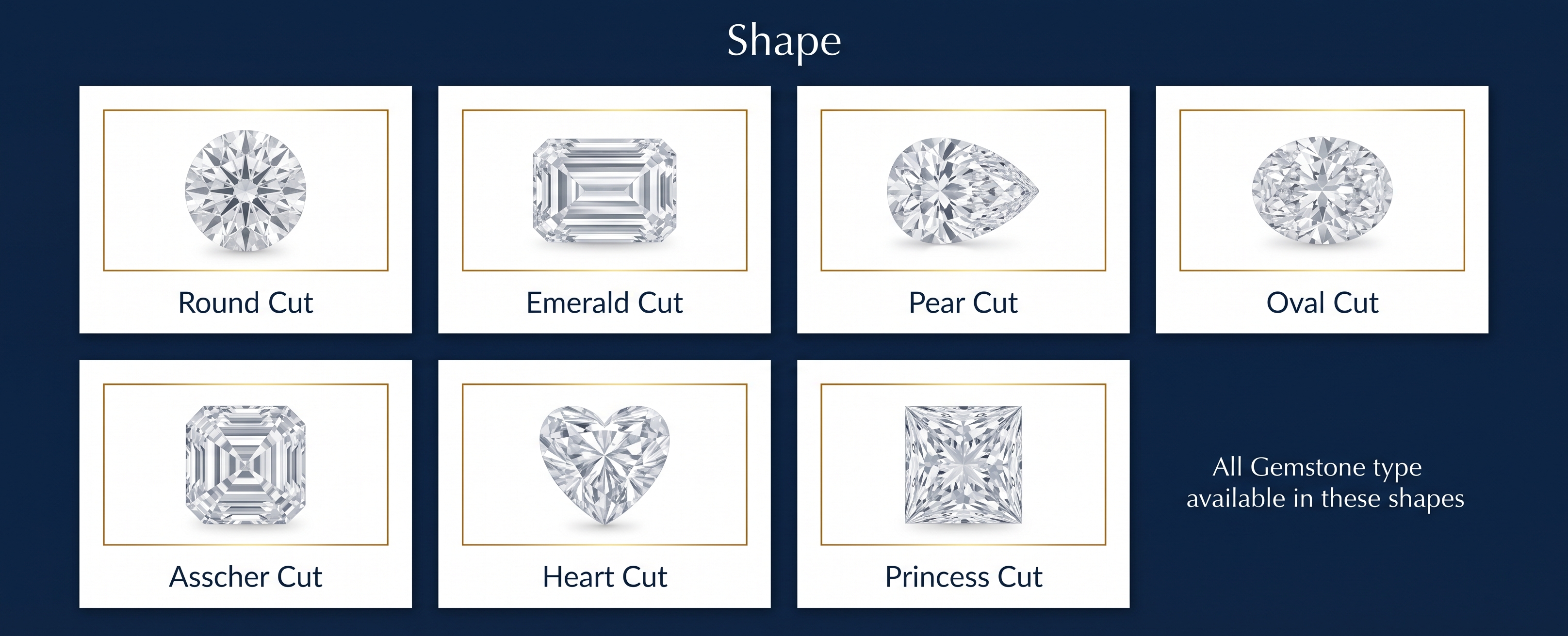 Gemstone shapes: round, emerald, pear, oval, asscher, heart, princess